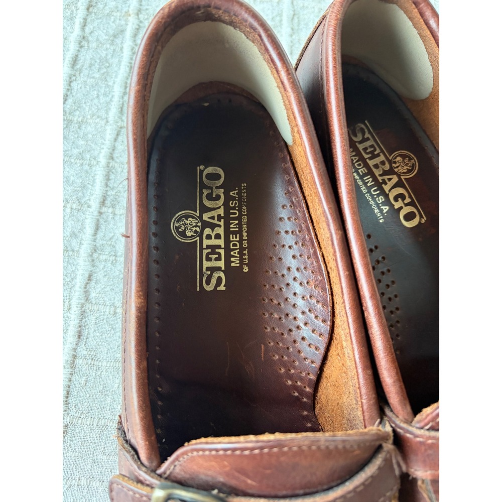 Vintage Sebago brown leather loafers fringed kiltie detail buckled strap sz 11 - Picture 2 of 7